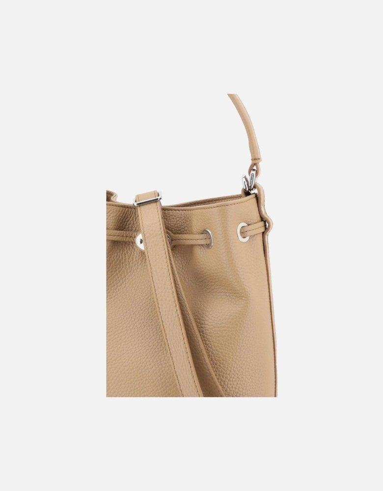 Leather Monda Bucket Bag with Drawstring Closure Women - Beige