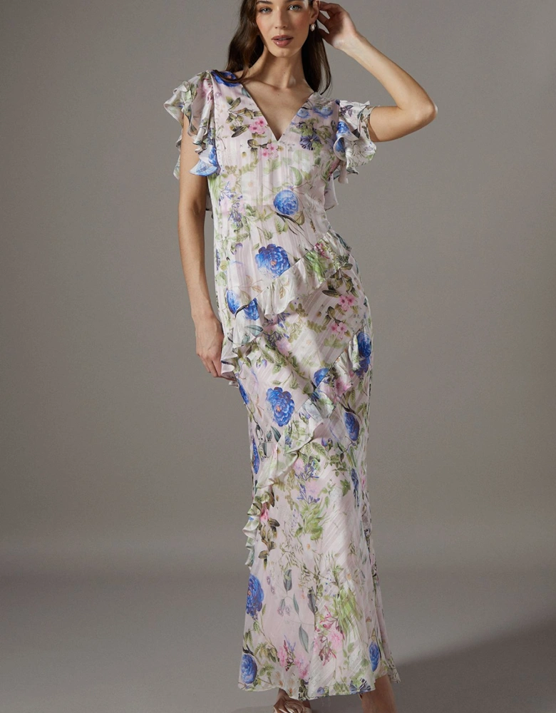 Floral Frill Detail Fitted Maxi Dress