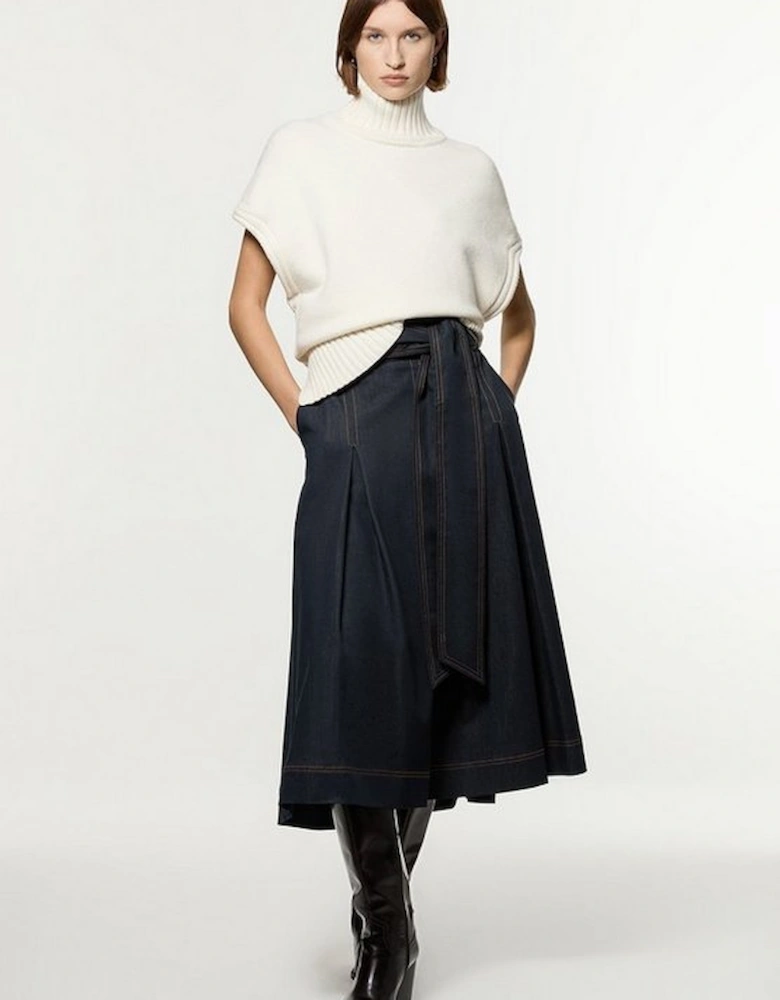 Petite Tailored Full Skirted Belted Midi Skirt