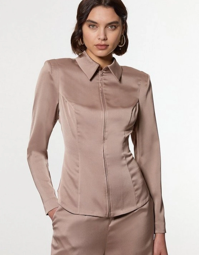 Satin Back Crepe Strong Shoulder Woven Zip Front Blouse