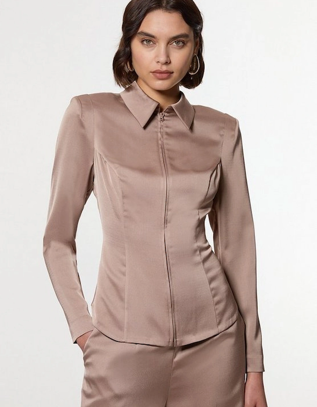 Satin Back Crepe Strong Shoulder Woven Zip Front Blouse, 4 of 3