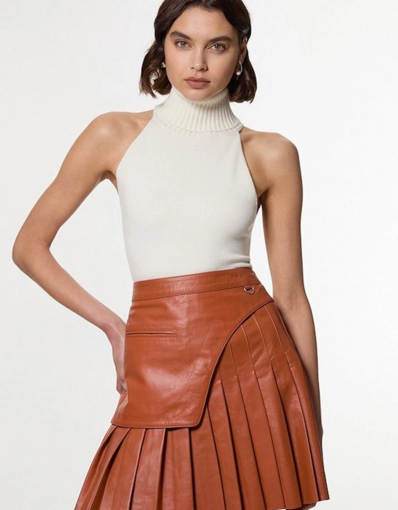 Leather Pleated Wrap Belt Mini Skirt