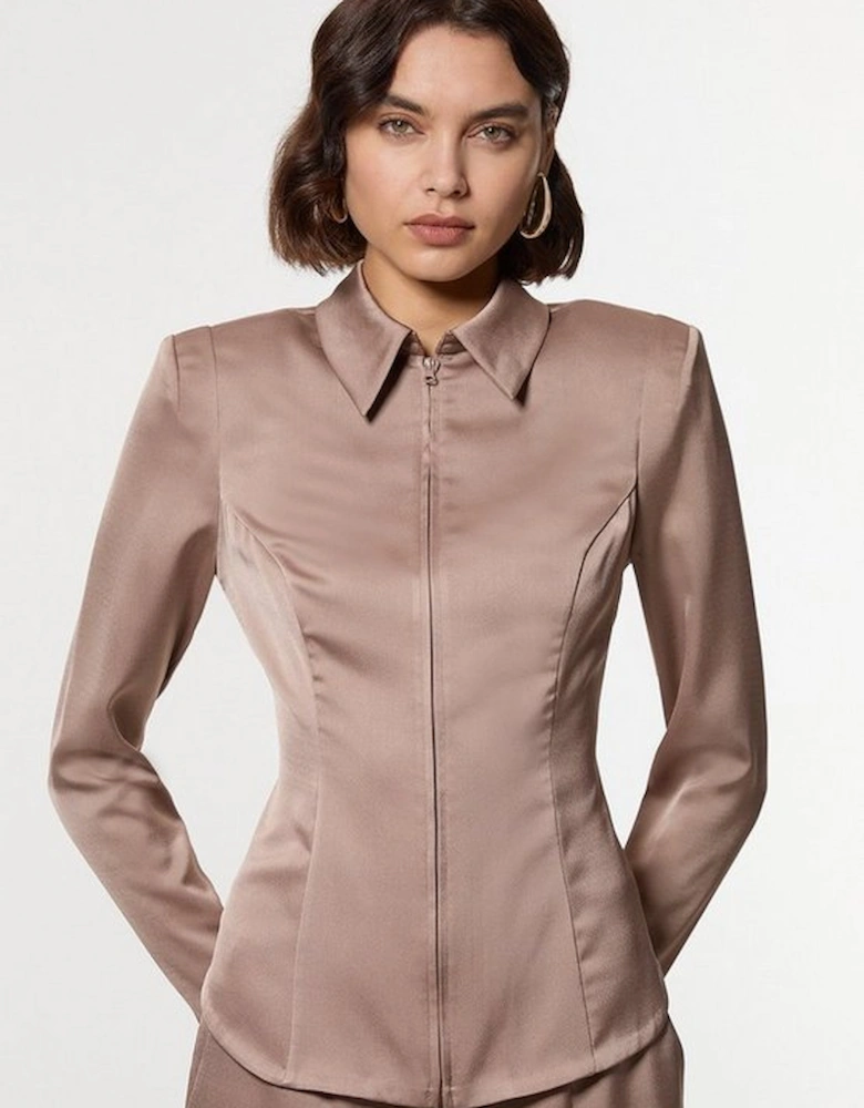 Petite Satin Back Crepe Strong Shoulder Woven Zip Front Blouse