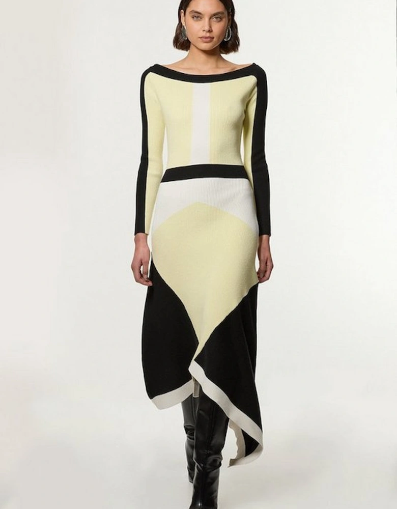 Viscose Blend Knit Asymmetric Colour Block Dress