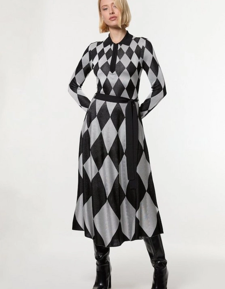 Tall Slinky Knit Mono Jacquard Belted Maxi Dress