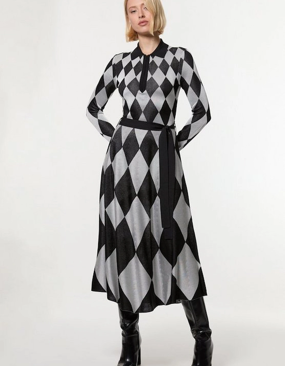 Tall Slinky Knit Mono Jacquard Belted Maxi Dress, 4 of 3