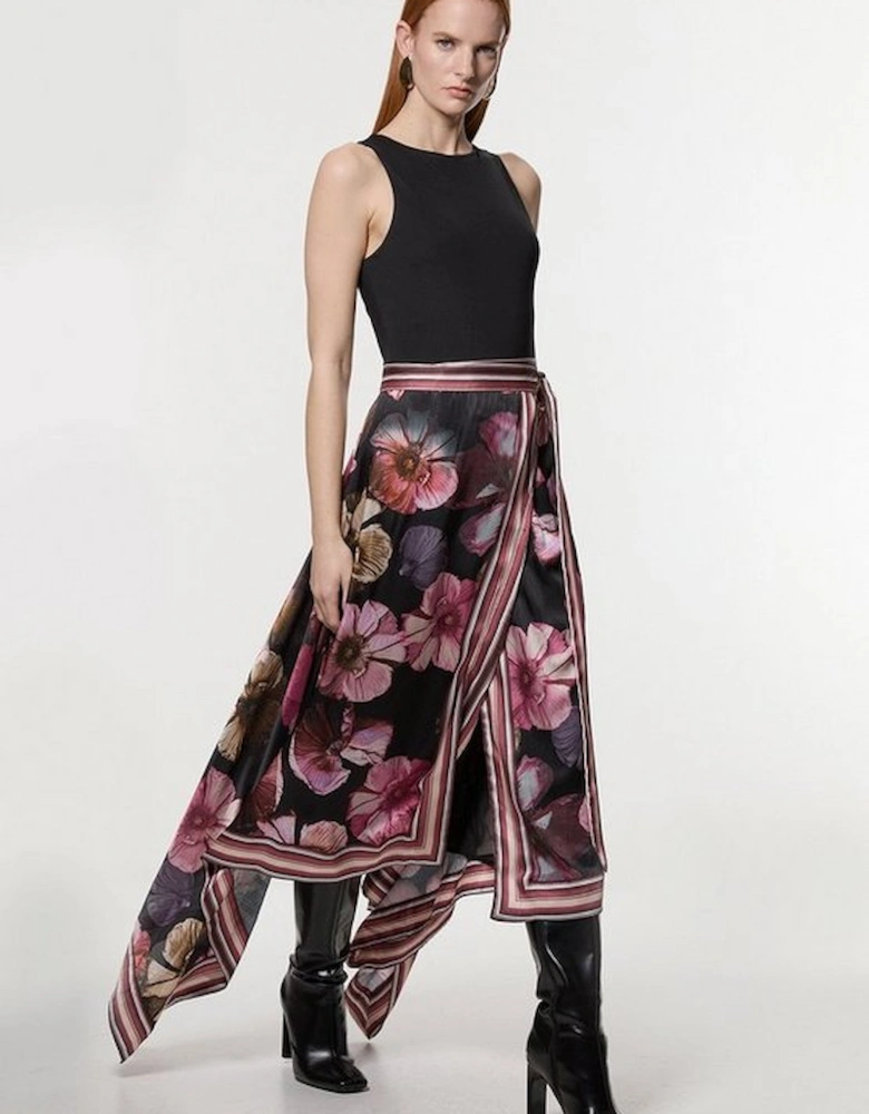 Floral Border Print Woven Wrap Midi Skirt