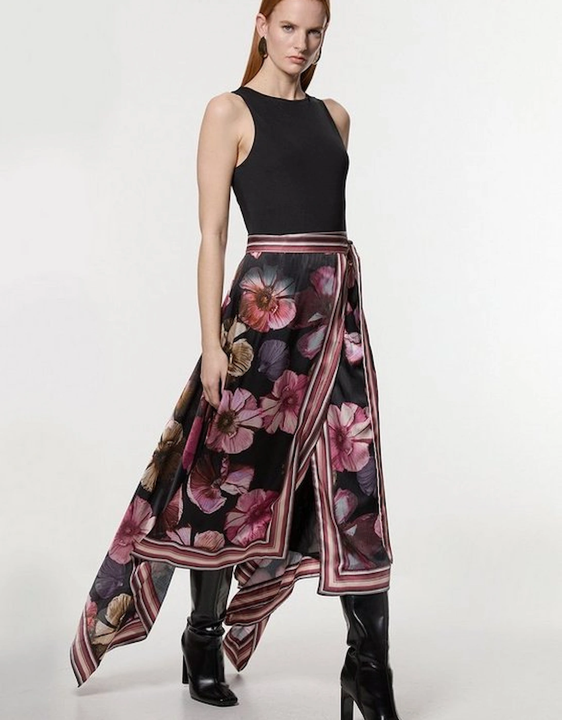 Floral Border Print Woven Wrap Midi Skirt, 4 of 3