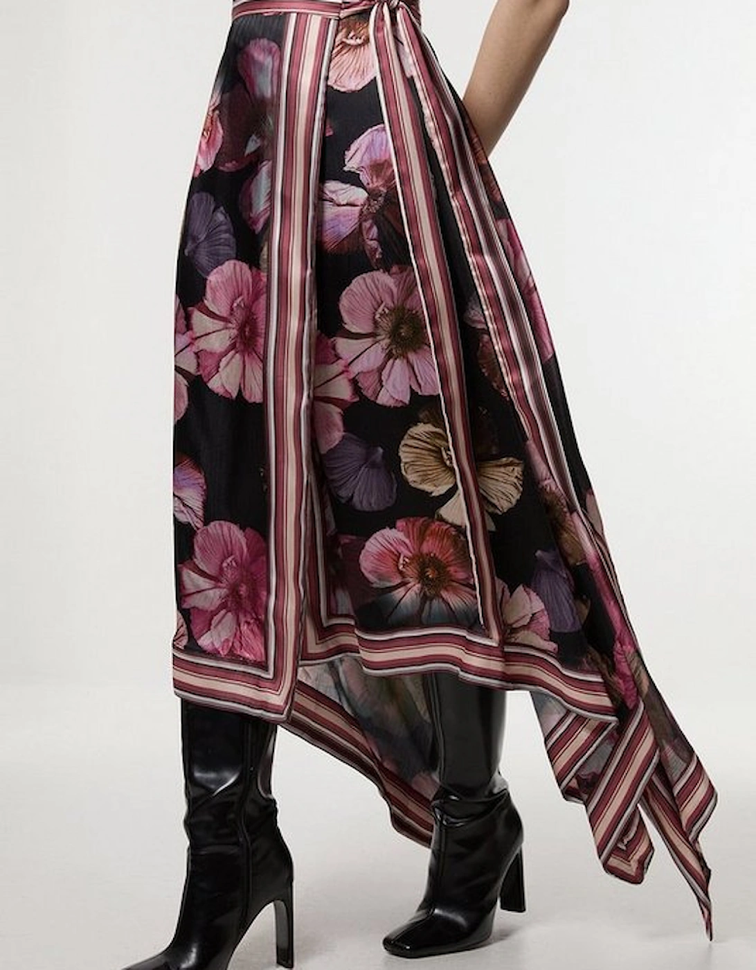 Floral Border Print Woven Wrap Midi Skirt