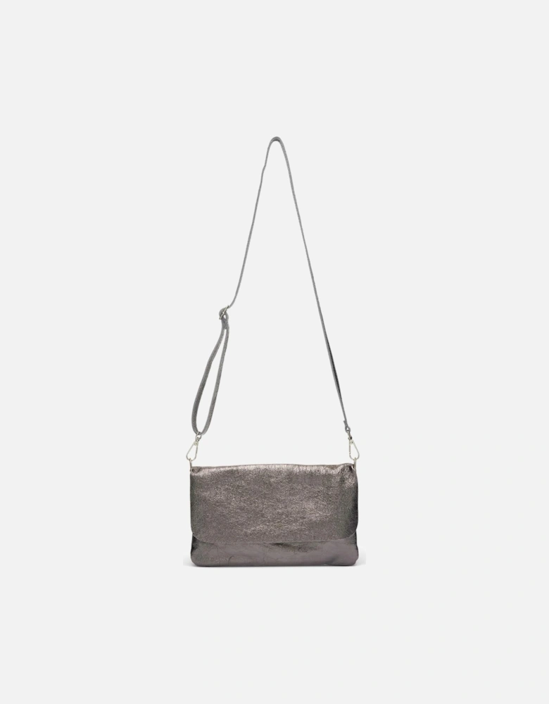 London Milano Sparkly Leather Bag with Fold Over Styling Metallic Grey