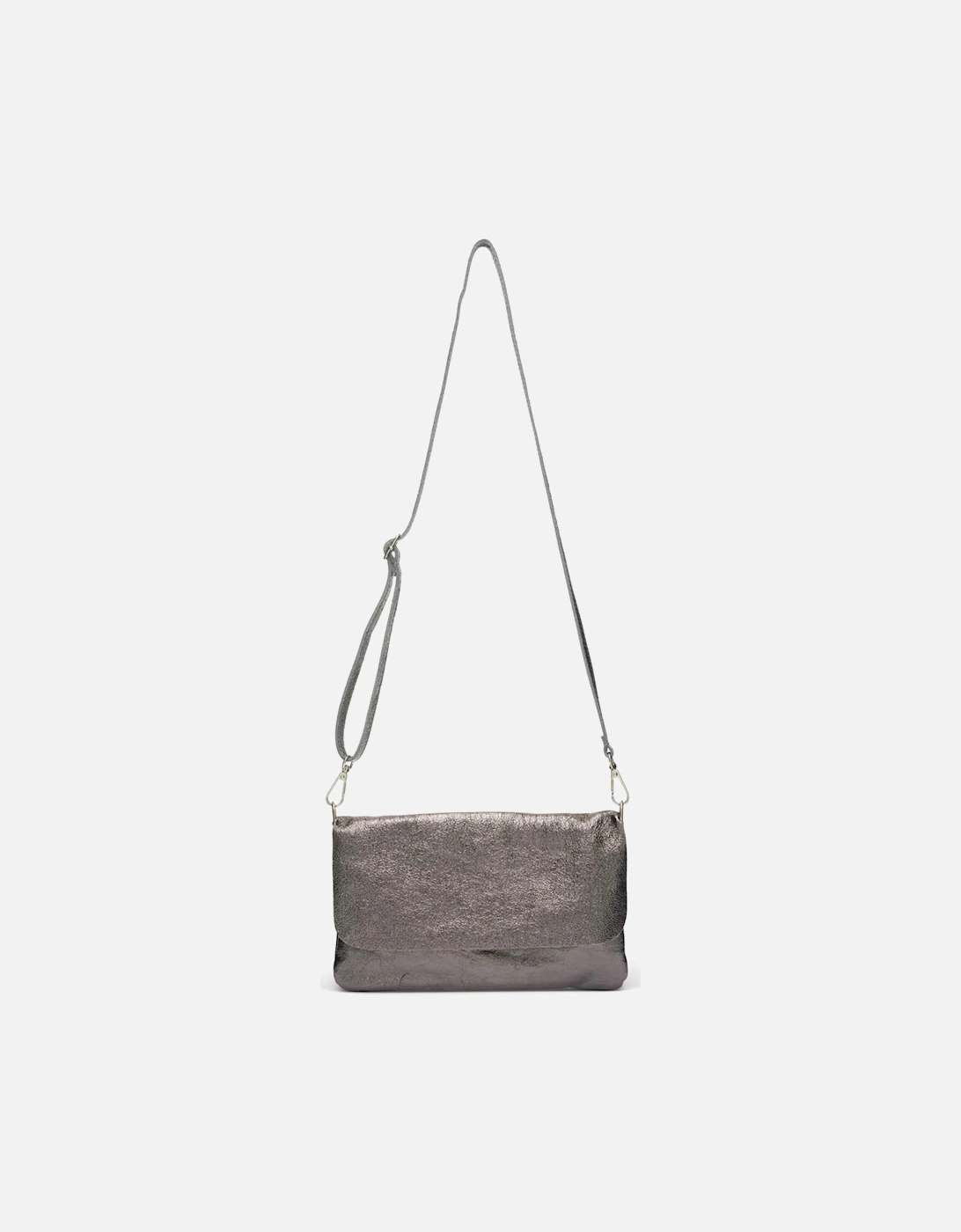 London Milano Sparkly Leather Bag with Fold Over Styling Metallic Grey, 2 of 1