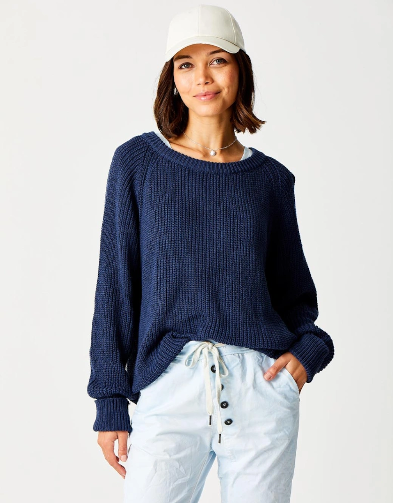 London Floretta Crew Neck Knit with Turn Up Cuff Navy