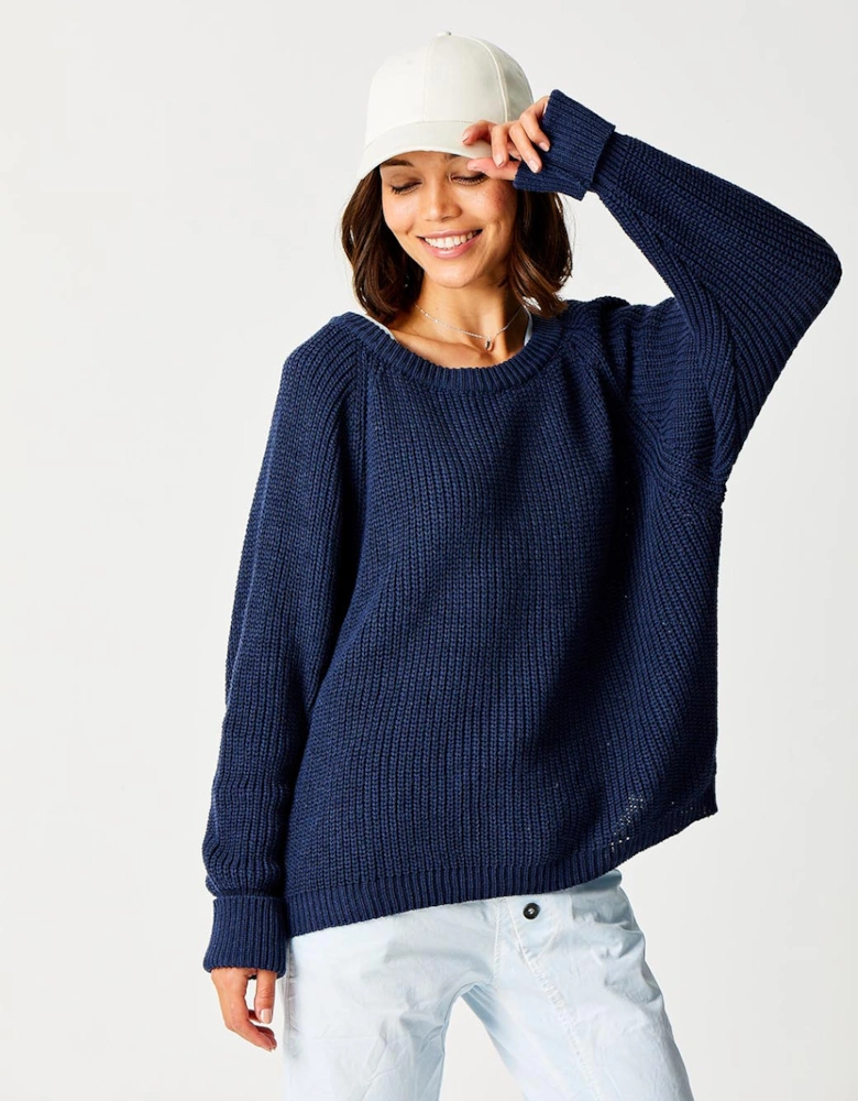 London Floretta Crew Neck Knit with Turn Up Cuff Navy