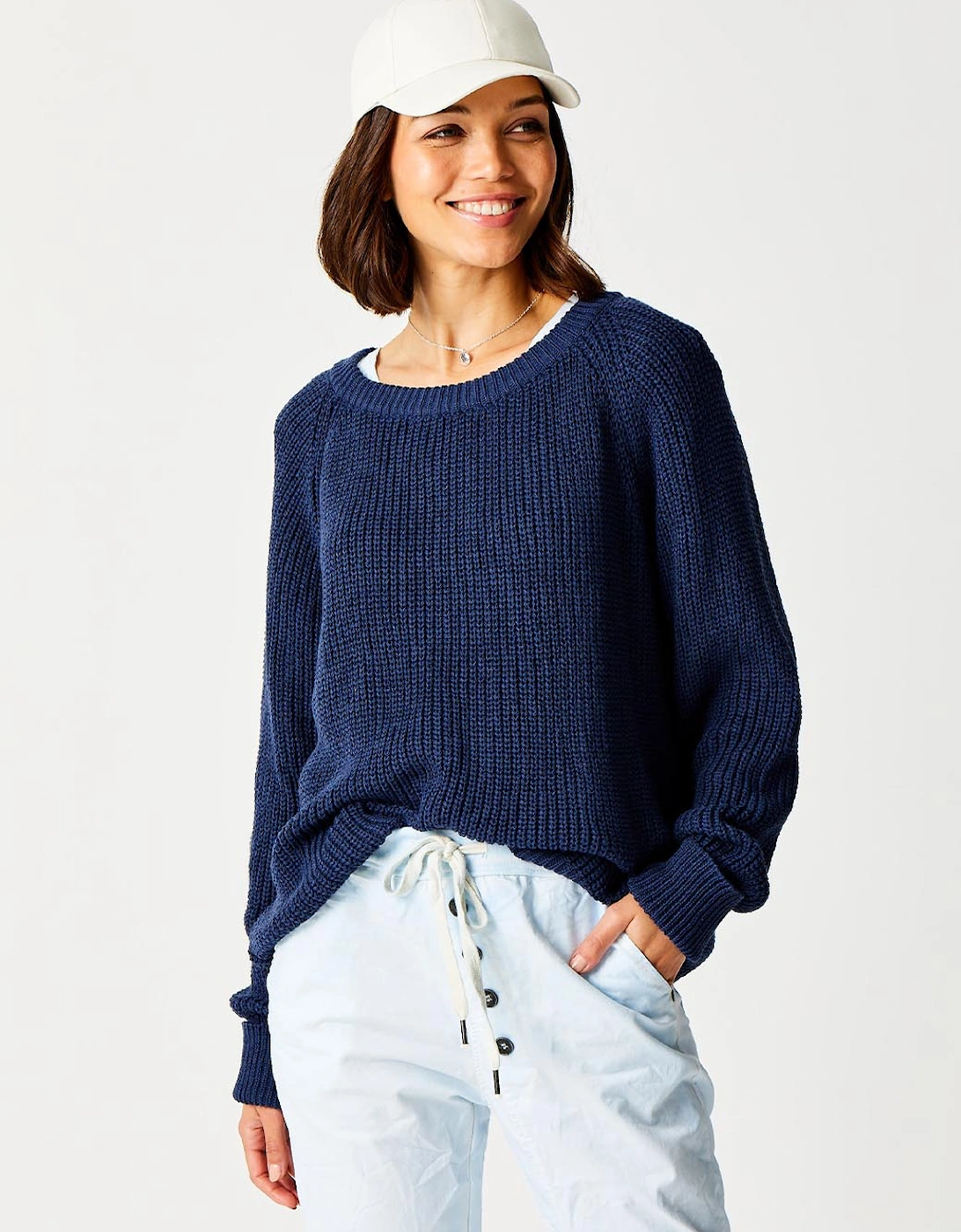 London Floretta Crew Neck Knit with Turn Up Cuff Navy