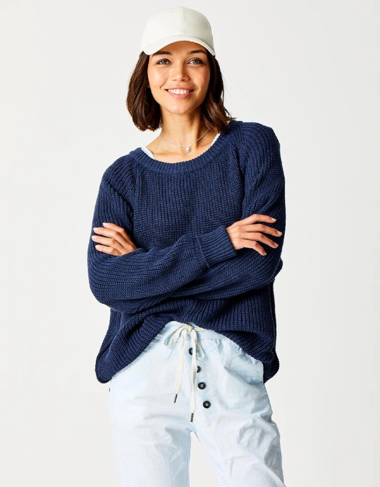 London Floretta Crew Neck Knit with Turn Up Cuff Navy