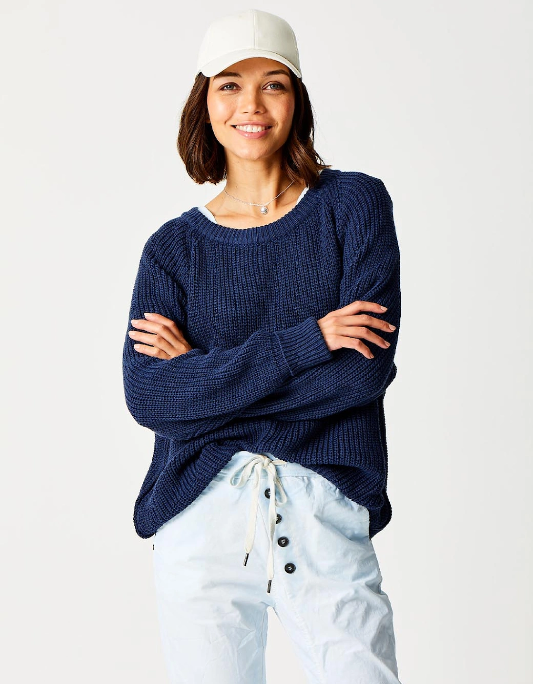 London Floretta Crew Neck Knit with Turn Up Cuff Navy