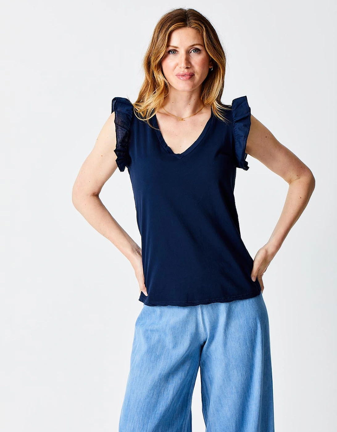 London Mina Cotton Frill Sleeve Tee Navy, 3 of 2