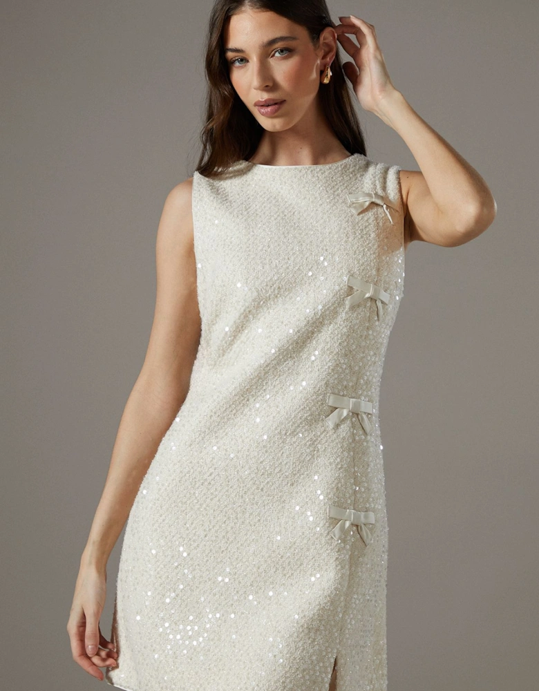 Sequin Boucle Shift Dress With Bows