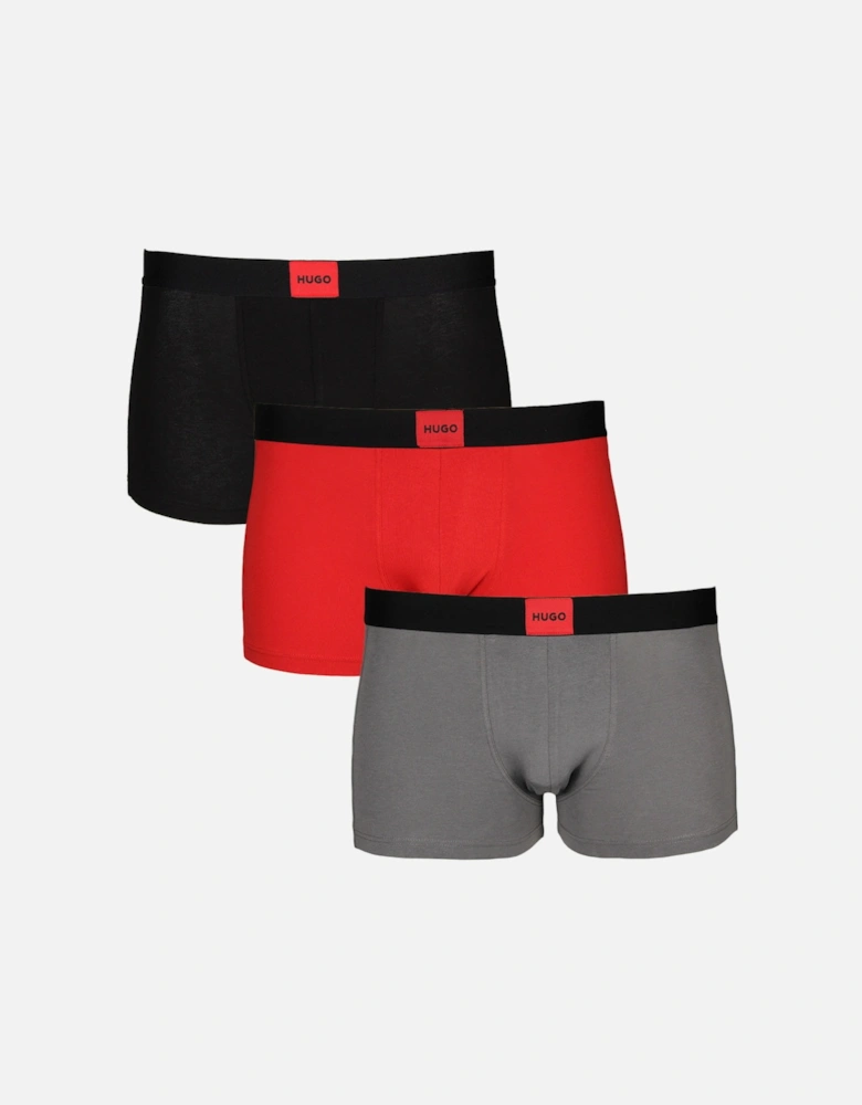 3-Pack Logo Patch Boxer Trunks, Black/Grey/Red