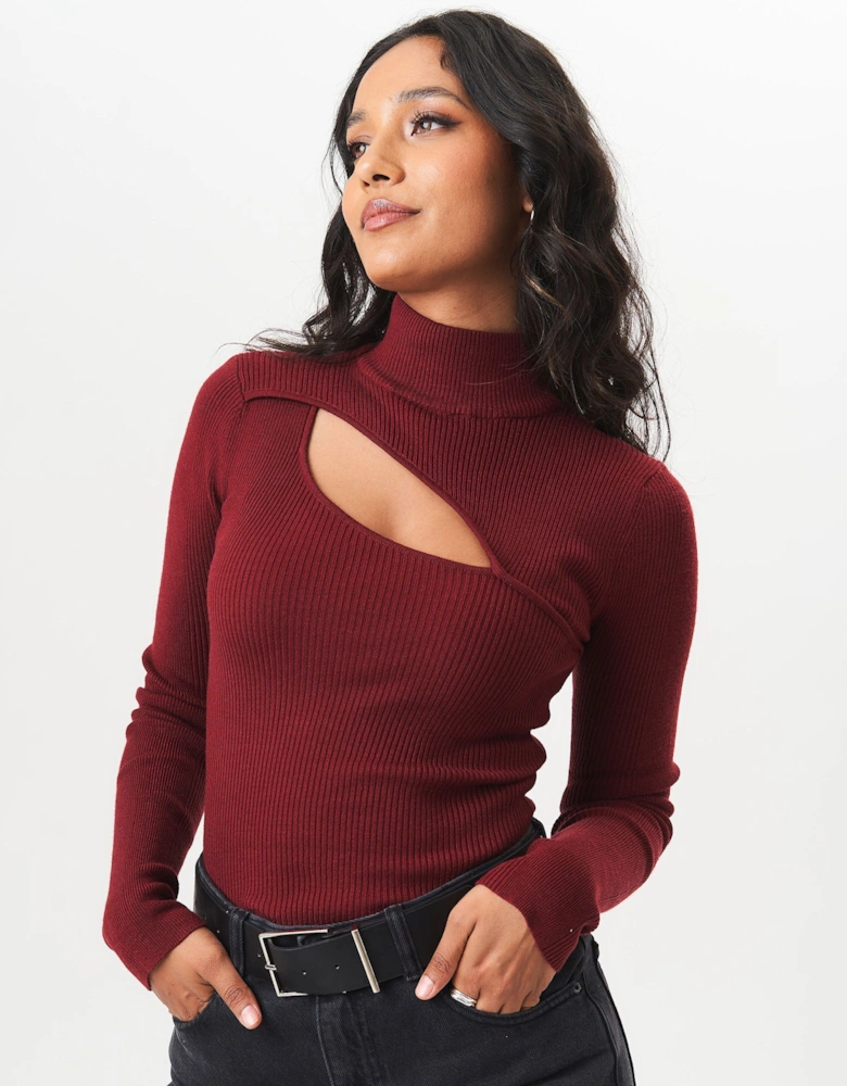 Burgundy High Neck Cut Out Detail Jumper