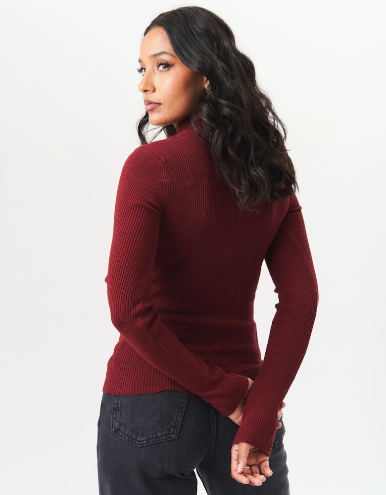 Burgundy High Neck Cut Out Detail Jumper