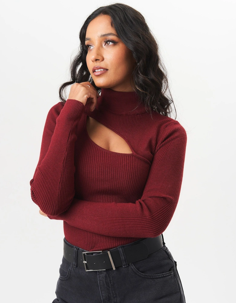 Burgundy High Neck Cut Out Detail Jumper
