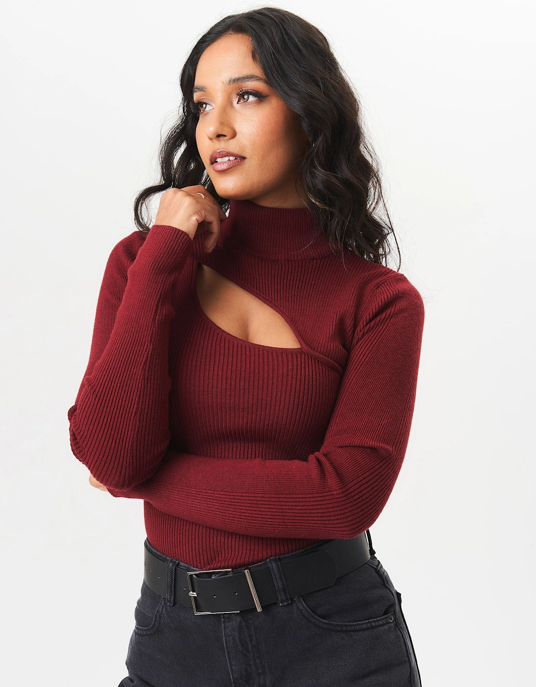 Burgundy High Neck Cut Out Detail Jumper