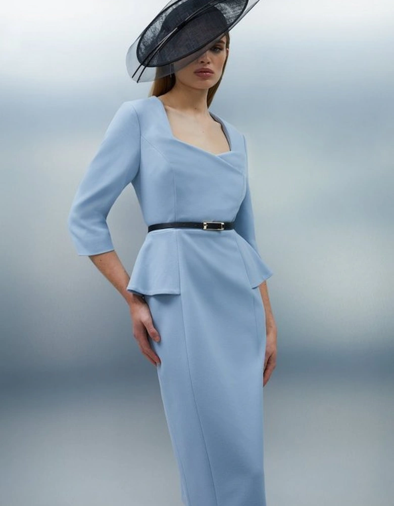 Structured Crepe Long Sleeve Belted Tailored Pencil Midi Dress