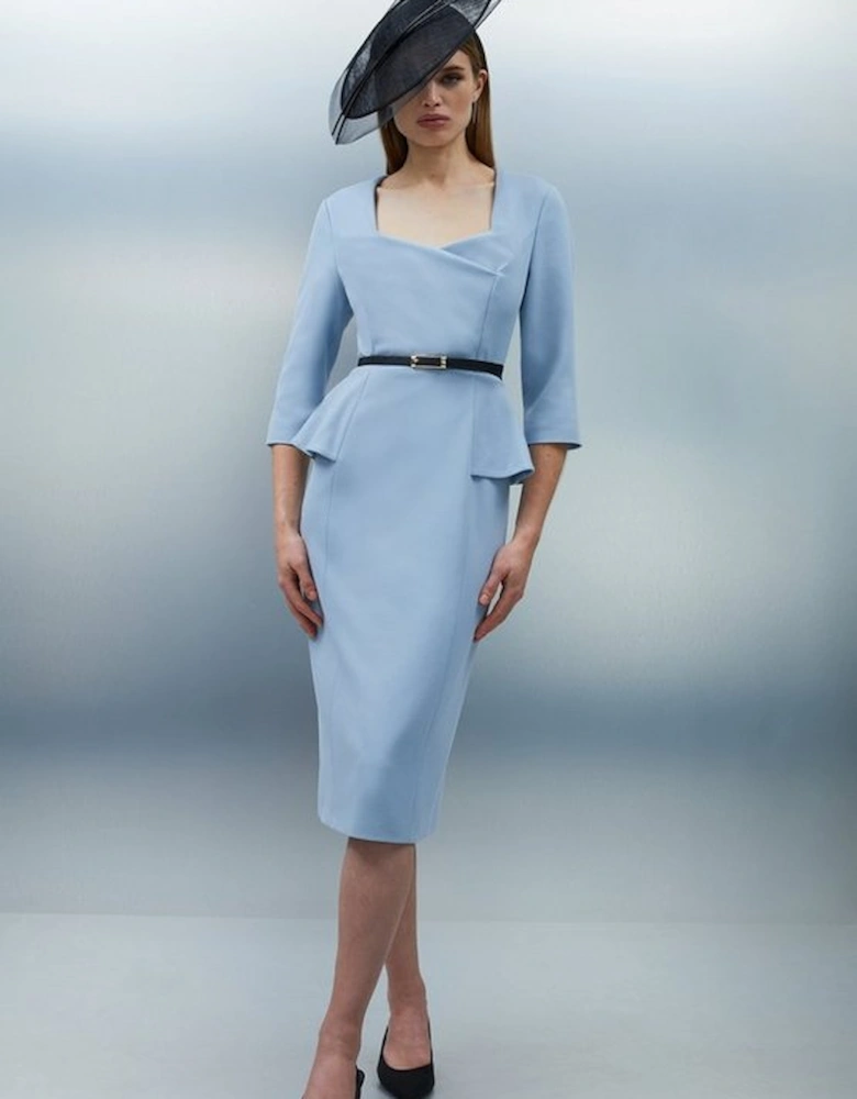 Structured Crepe Long Sleeve Belted Tailored Pencil Midi Dress