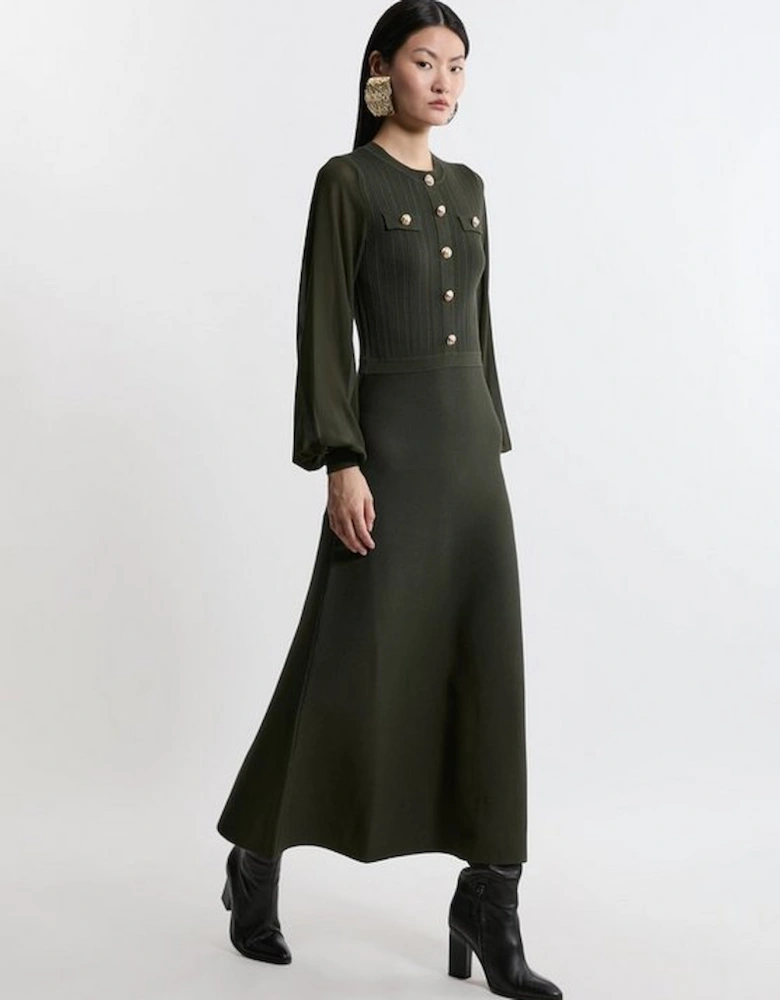 Viscose Blend Maxi Knit Dress With Chiffon Sleeve Military Trim