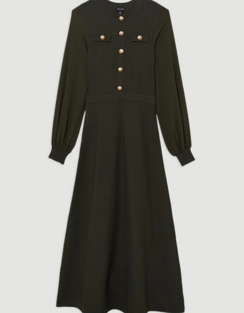 Viscose Blend Maxi Knit Dress With Chiffon Sleeve Military Trim