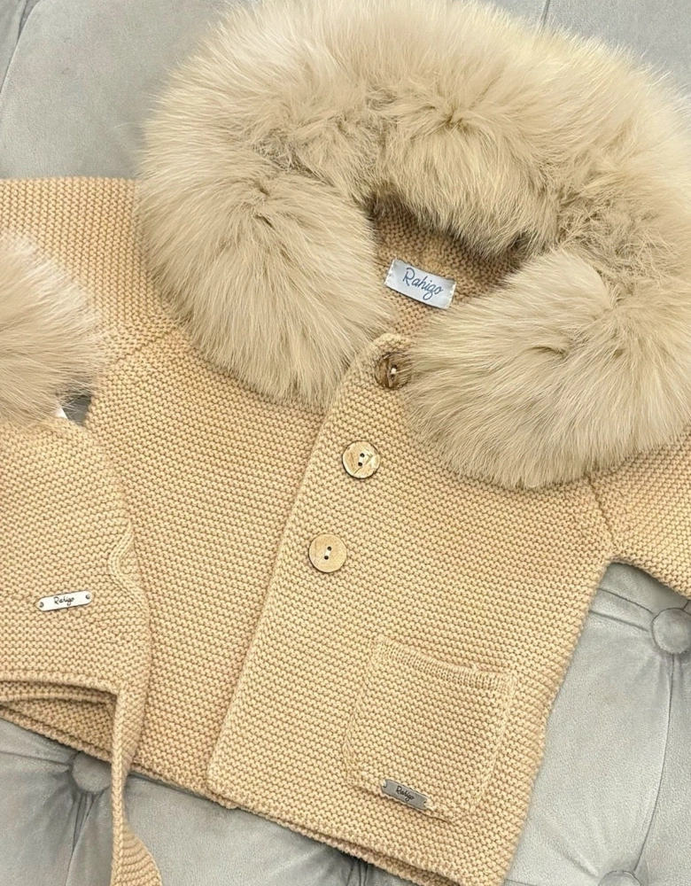 Camel Knit Fur Trim Cardigan