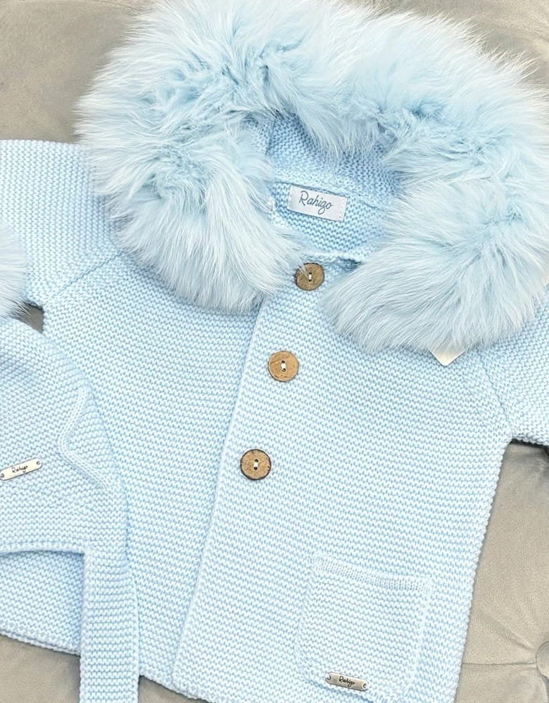 Blue Knit Fur Trim Cardigan