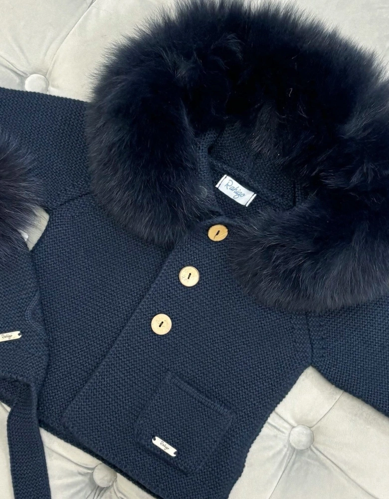 Navy Knit Fur Trim Cardigan