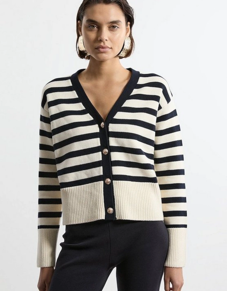 Cotton V Neck Knit Boxy Striped Cardigan