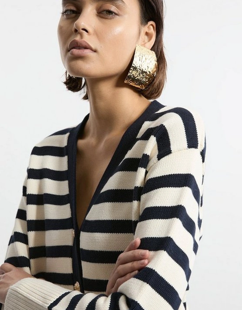 Cotton V Neck Knit Boxy Striped Cardigan