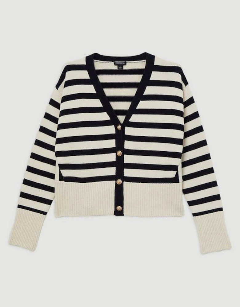 Cotton V Neck Knit Boxy Striped Cardigan