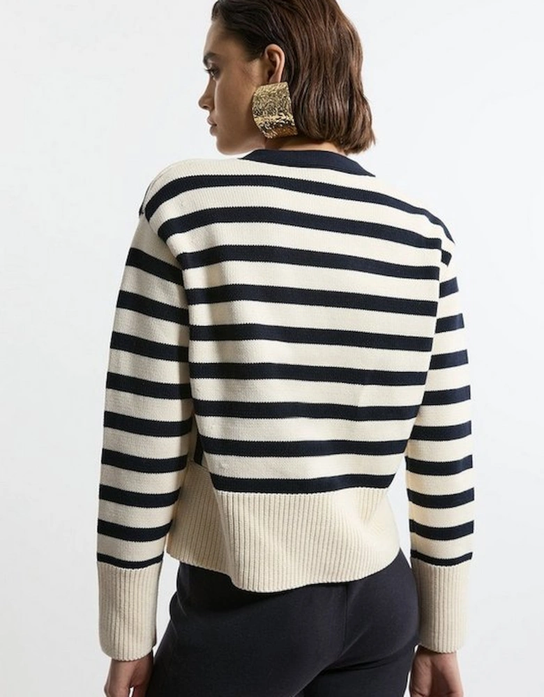 Cotton V Neck Knit Boxy Striped Cardigan