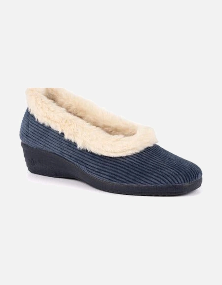 Glynis Navy Fur Trim Wedge Slipper KLA154