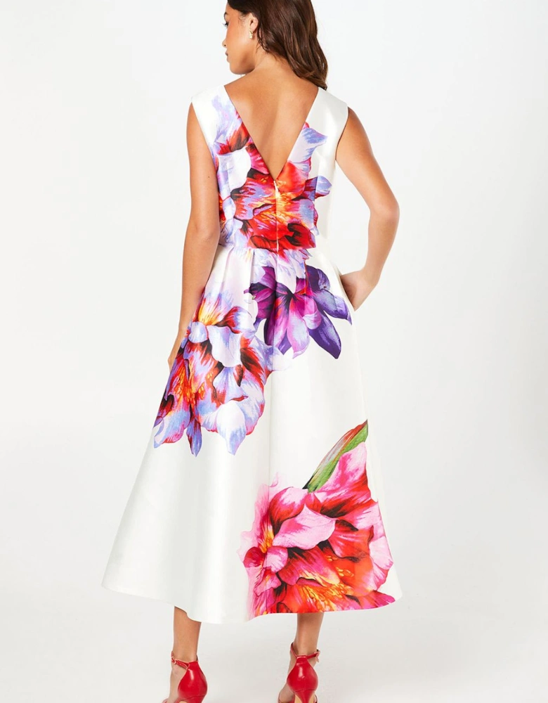 Pocket Satin Twill Placement Print Midi Dress