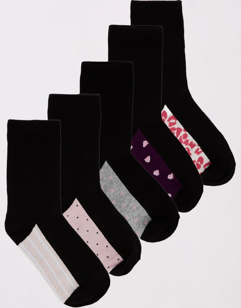 5Pk Printed Ankle Socks - black