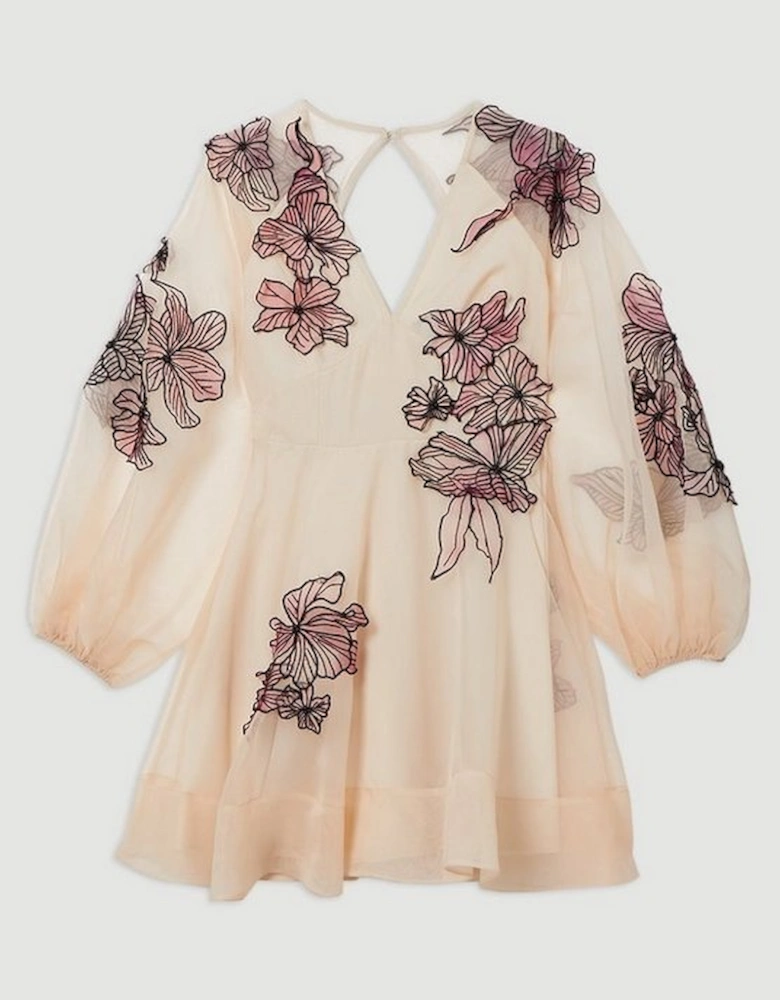 Floral Applique Organdie Woven Balloon Sleeve Mini Dress