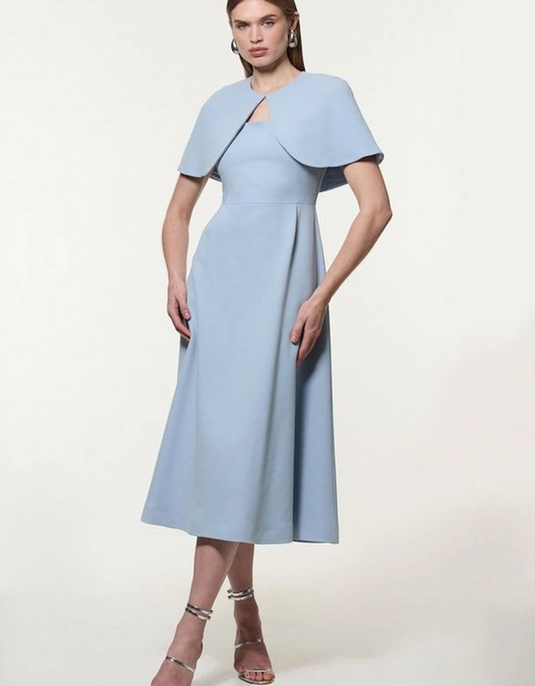 Structured Crepe Cape Detail Tailored Midi Dress