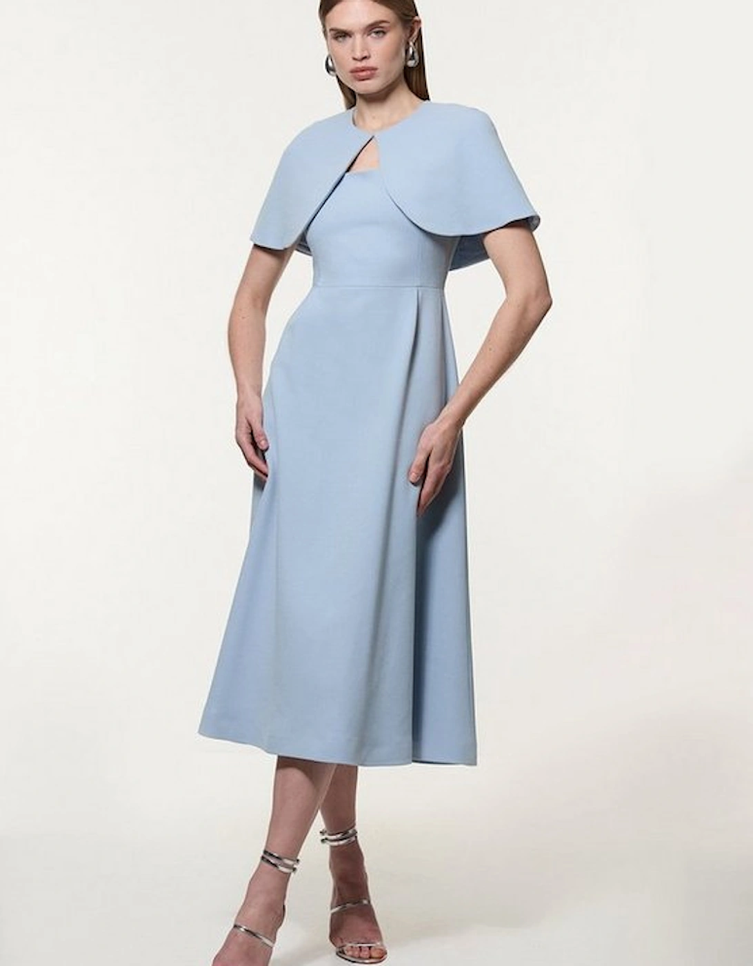 Structured Crepe Cape Detail Tailored Midi Dress, 5 of 4