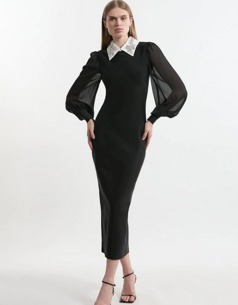 Bandage Collared Knitted Midi Dress With Sheer Sleeve