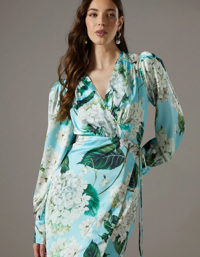 Printed Wrap Satin Midi Dress