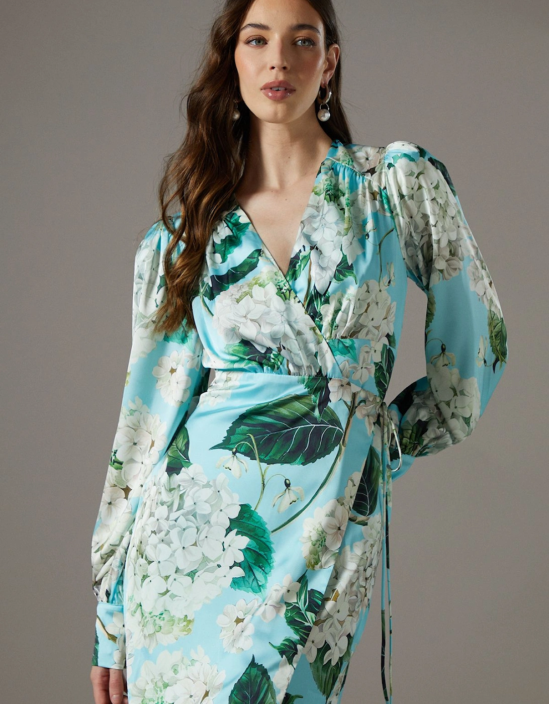 Printed Wrap Satin Midi Dress