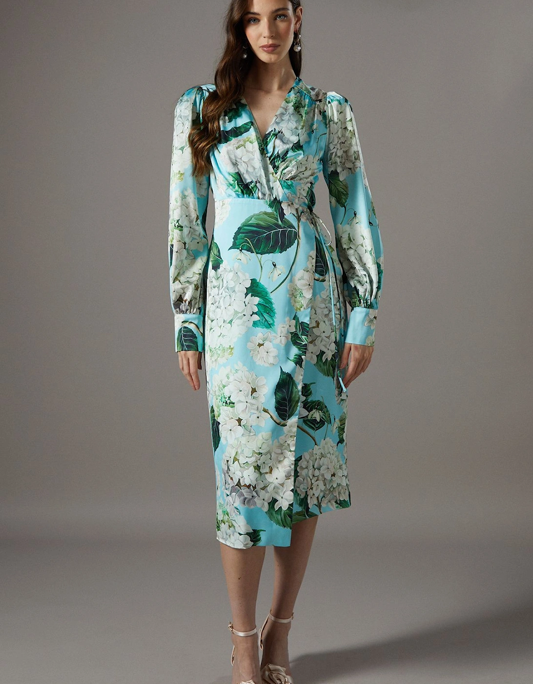 Printed Wrap Satin Midi Dress, 6 of 5