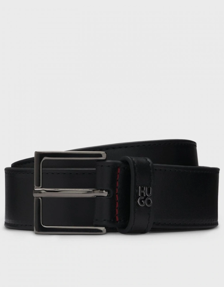 HUGO Giove Mens Leather Belt with Stacked-Logo Keeper and Gunmetal Hardware