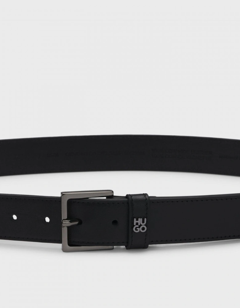 HUGO Giove Mens Leather Belt with Stacked-Logo Keeper and Gunmetal Hardware